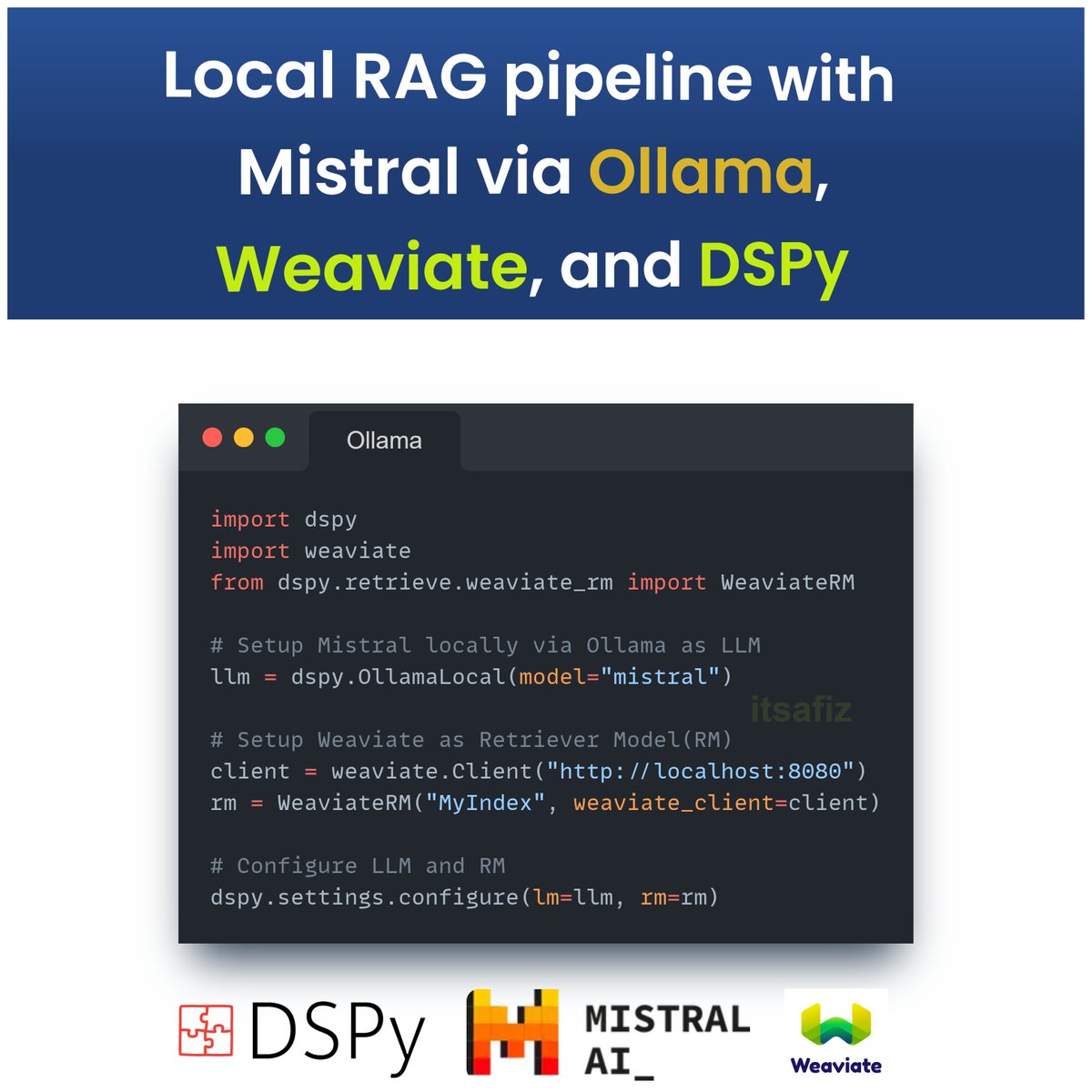 Build your first Local RAG pipeline using DSPy, Mistral via @ollama and @weaviate_io 🚀 The title introduces several unfamiliar words. Below, you’ll find their definitions. 👇 What is Ollama? With Ollama, you can locally run open-source large language models (LLMs) like