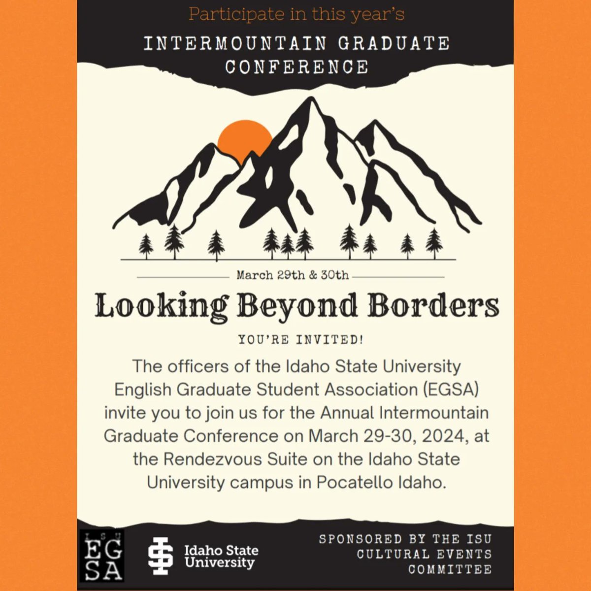 ISUEngPhil's tweet photo. Today &amp; tomorrow! The Intermountain Graduate Conference, organized by the English Grad Students Association. Conference begins at 12:30, with panels at 1 and keynote at 4:45. Panels tomorrow from 9:30-5:15. REND Suites. Free &amp; open to the public. 

https://t.co/P8vpveJfrI https://t.co/S1Q7Gif4i2