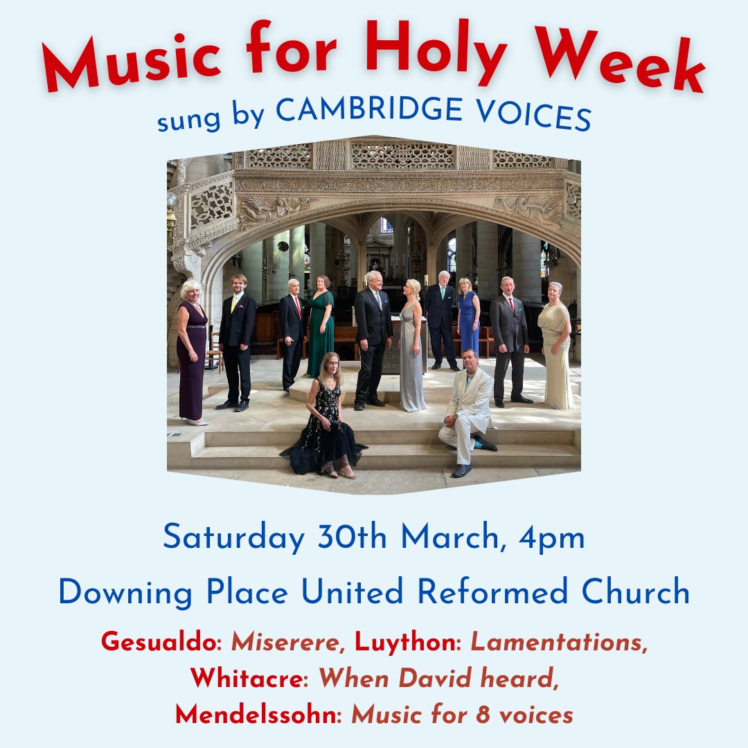 You will be so welcome here tomorrow as <a href="/cambridgevoices/">Cambridge Voices</a> sing Music for Holy Week. There will be music by Gesualdo, Luython, Whitacre and Mendelssohn. It will be a time to reflect.

Saturday 30th March, 4pm, Downing Place URC

#findyourplace #holyweek #HolySaturday