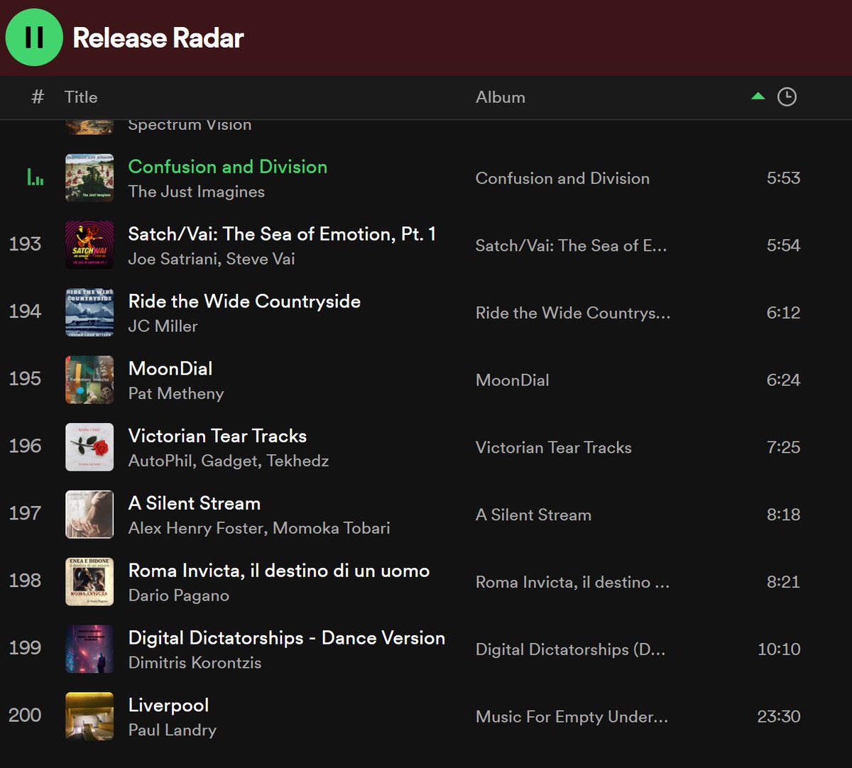 P.Wasy💕New Mayfair Arrangements Release💕 (@pwasysounds) on Twitter photo sorted by duration...so many 🆒epic lengths on this week's Release Radar👀⤵️👀
...perfect for the #longweekend😉
Check out▶️Pat Metheny/Joe Satriani&SteveVai
<a href="/TheJustImagines/">Tʜᴇ Jᴜꜱᴛ Iᴍᴀɢɪɴᴇꜱ🎶 🆕️ PEACE LOVE & HARMONY☮️💟☯️</a>
<a href="/JC_MILLER_Music/">JC Miller new singles out now</a>
<a href="/DimitrisKoront1/">Dimitris</a>
<a href="/paullandrymusic/">Paul Landry 🎸🎹🎤</a>
#epic #SONGS
open.spotify.com/playlist/37i9d… sorted by duration...so many 🆒epic lengths on this week's Release Radar👀⤵️👀
...perfect for the #longweekend😉
Check out▶️Pat Metheny/Joe Satriani&SteveVai
<a href="/TheJustImagines/">Tʜᴇ Jᴜꜱᴛ Iᴍᴀɢɪɴᴇꜱ🎶 🆕️ PEACE LOVE & HARMONY☮️💟☯️</a>
<a href="/JC_MILLER_Music/">JC Miller new singles out now</a>
<a href="/DimitrisKoront1/">Dimitris</a>
<a href="/paullandrymusic/">Paul Landry 🎸🎹🎤</a>
#epic #SONGS
open.spotify.com/playlist/37i9d…