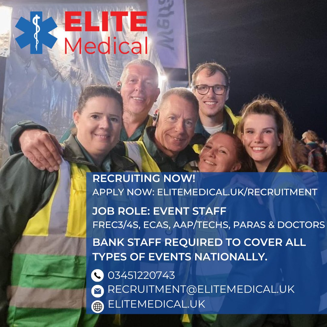 ✨ A post from our Sponsor Elite Medical & Ambulance

📣 Elite Medical are currently recruiting!  See their graphic below for details on how to apply 😊

#jobvacancy #sussexjobs #eventjobs