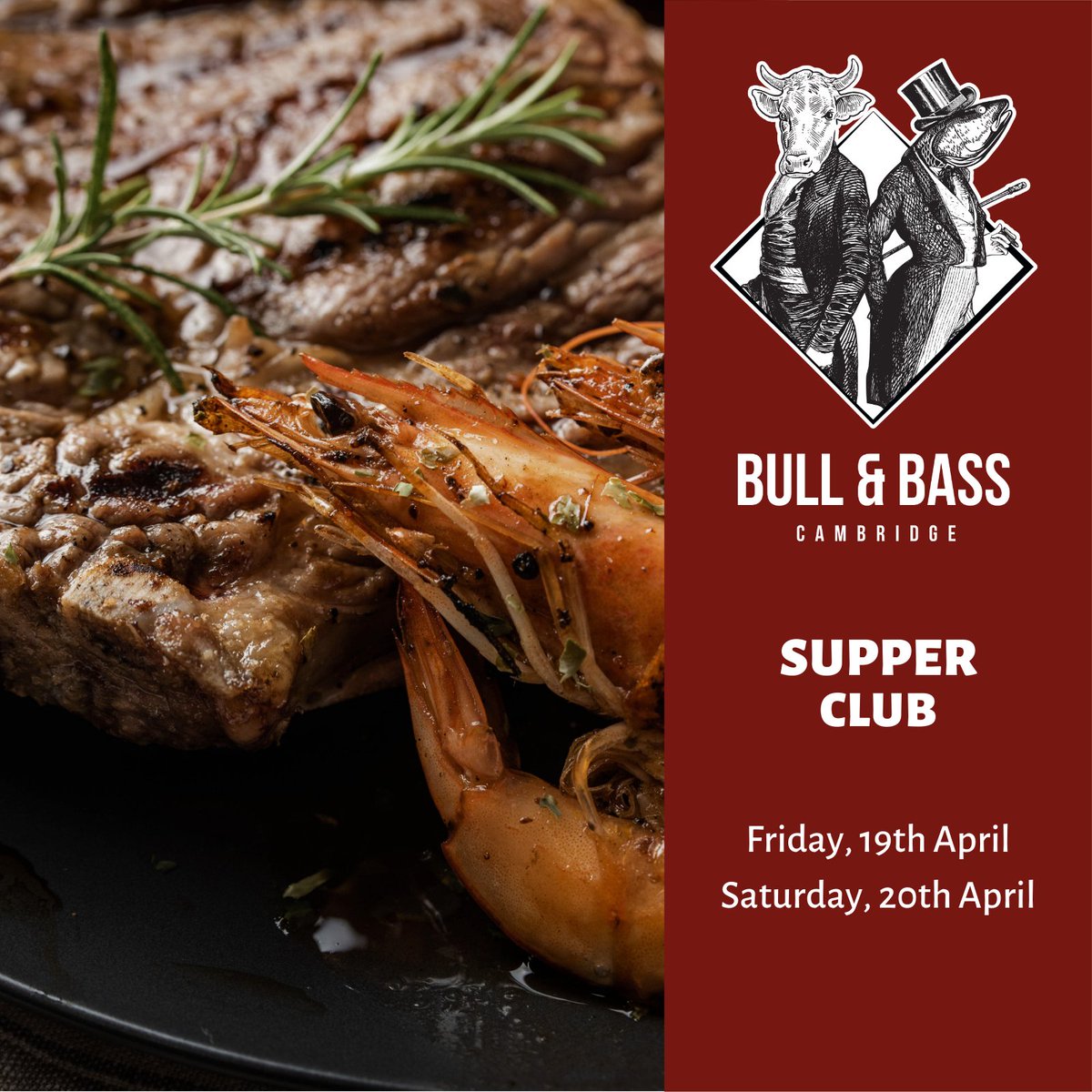 Join the Surf & Turf Supper Club! On Fri/Sat, April 19-20 inside Bull & Bass Restaurant in Cambridge City Centre. Click to view the menu and reserve your table now! hil.tn/0jlaav
