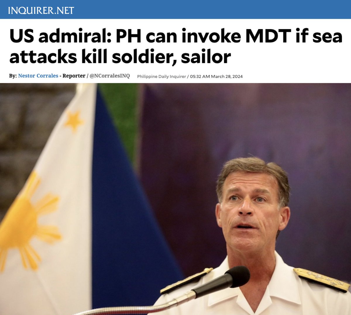 #US admiral: #Philippines can invoke Mutual Defense Treaty (MDT) if sea attacks kill soldier, sailor The Philippines can invoke the 1951 Mutual Defense Treaty (MDT) if a sailor or a member of its military is killed as China continues “to execute belligerent, dangerous and…