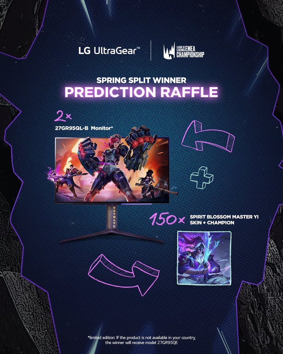 Ready to show off your prediction skills? 👀 

Predict the #LEC Spring Split champion and seize the chance to win:
2x 27GP850P  🖥️
150x Spirit Blossom Master Yi 🌸

Participate now: 
▶ Follow @ultrageargaming 
▶ Retweet &amp; comment with your prediction + hashtag #LGUltraGear