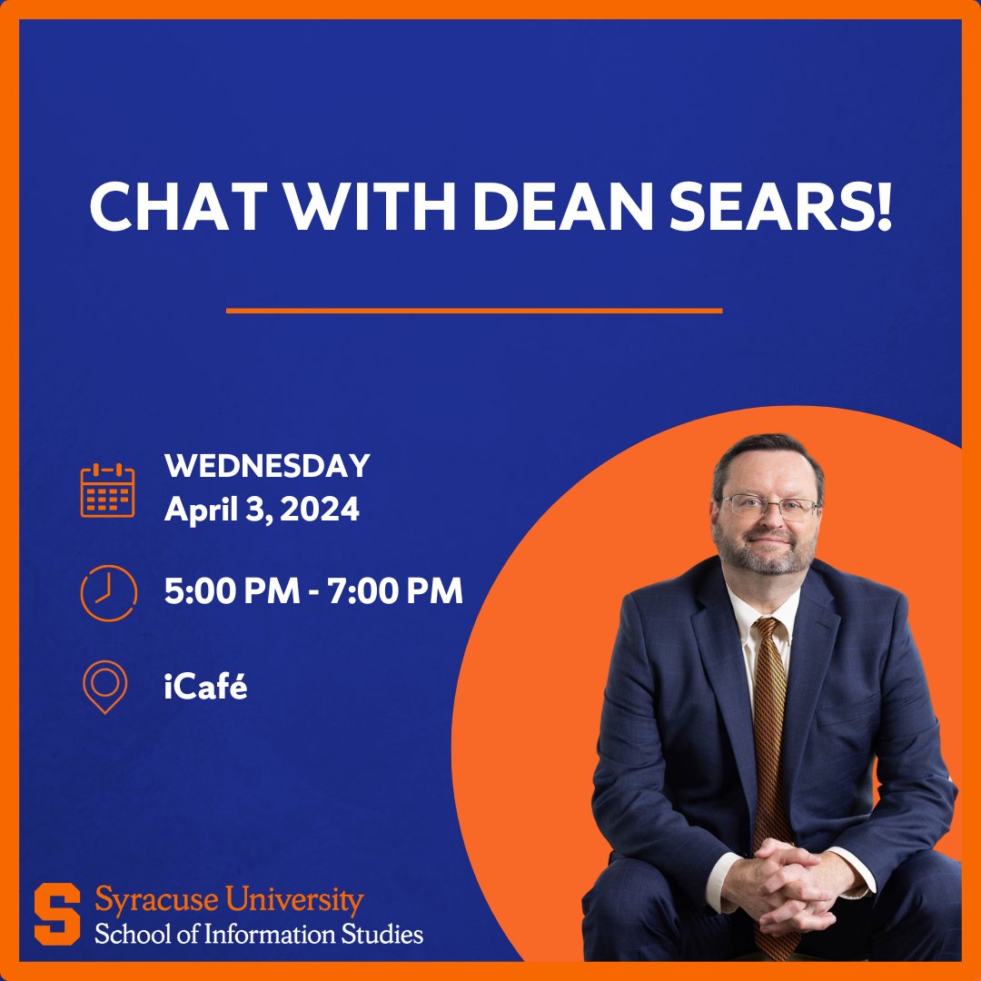 Join us in the iCafé next week for an opportunity to meet with the Dean of the iSchool! Engage in conversations, ask questions, and share your experiences over donuts and coffee. 🍩