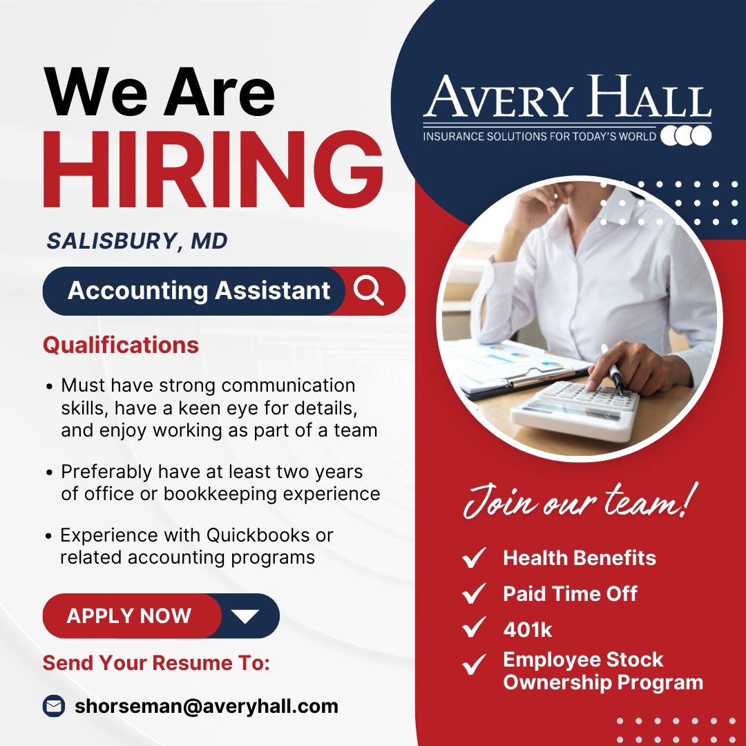 ‼️ We are hiring! ‼️ 

Join our Avery Hall team as an Accounting Assistant in our Salisbury office 💼 Submit your resume to Sherri Horseman at shorseman@averyhall.com. 

#hiring #mdjobs #salisburyjob #accountingjob #wearehiring