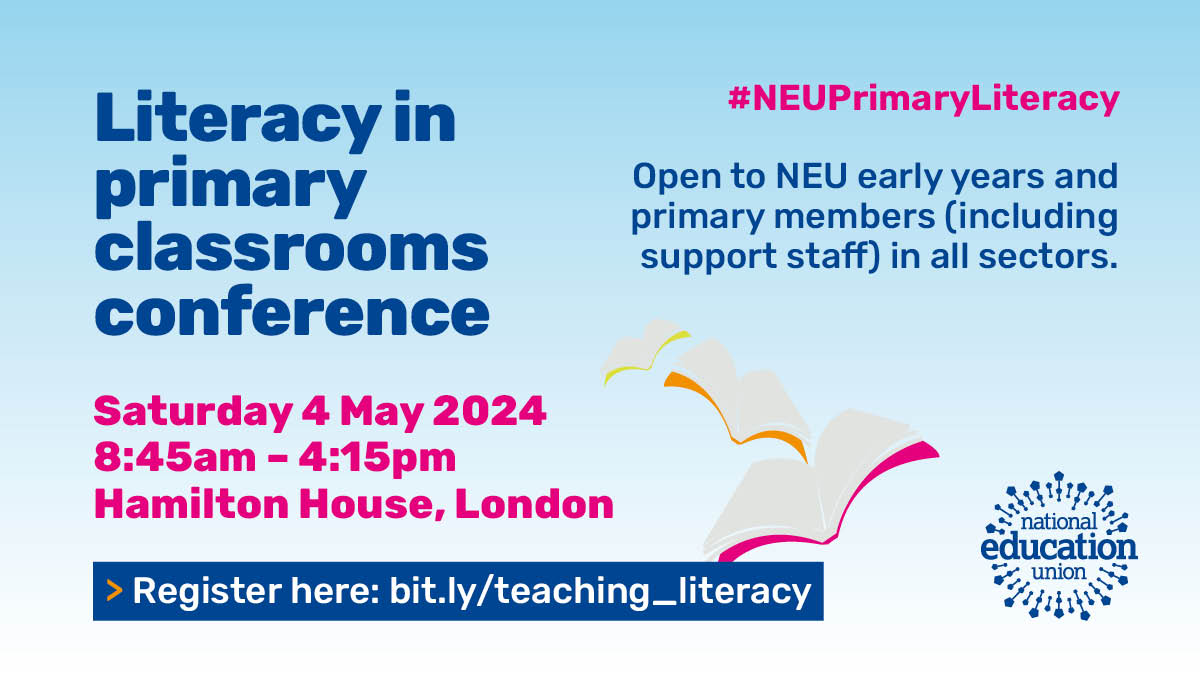 📢 Calling all primary and early years educators! 
Join us at the Literacy in Primary Classrooms conference from 8:45 am, Saturday 4 May.

Includes workshops on poetry and assessment.

Tickets cost £10.

✍️Book your place here 👉 bit.ly/teaching_liter… 

#NEUPrimaryLiteracy