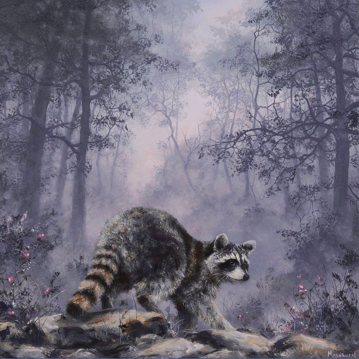 Artist Brian Mashburn's enchanting original painting, 'Woodland with Raccoon,' is currently available for you to add to your art collection today from Supersonic Art. supersonicart.shop/products/woodl…