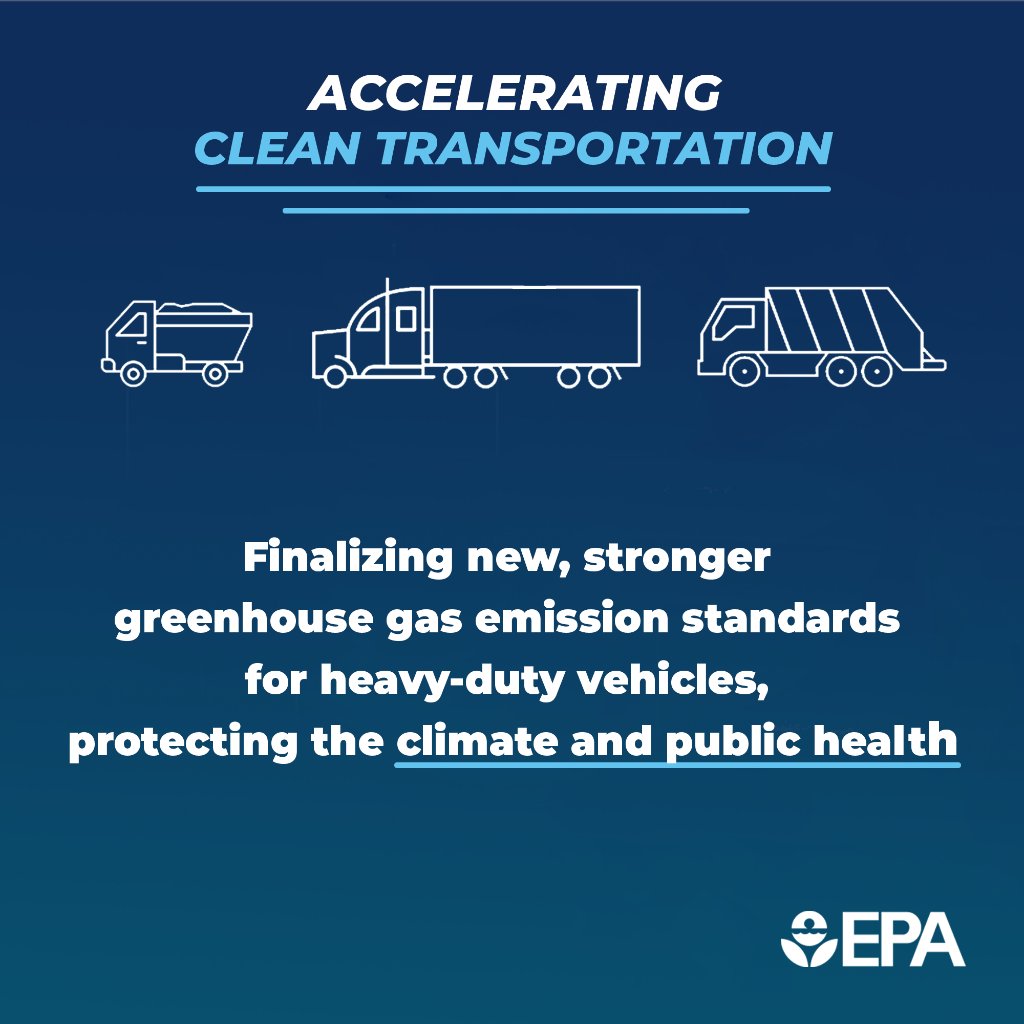EPA's tweet image. EPA is finalizing stronger standards to reduce greenhouse gas #emissions from heavy-duty vehicles such as delivery trucks and tractor-trailers. These new standards will benefit public health and save truck owners and operators money.
epa.gov/regulations-em…