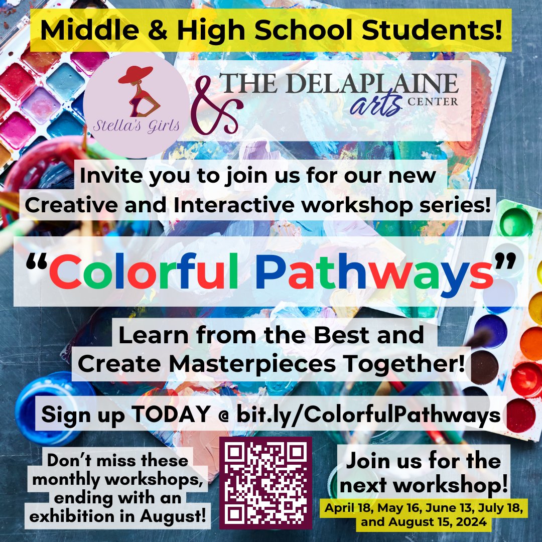 Next workshop April 18th! Discover the Beauty of “#ColorfulPathways' with #StellasGirls and @delaplaine! All Middle & High School students welcome! Learn from the Best & Create Masterpieces Together! Sign up TODAY @ bit.ly/ColorfulPathwa… 🎨📸🖌🏺🎭 #ColorYourWorldWithArt