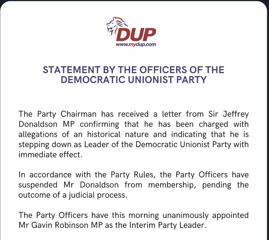 BREAKING; DUP leader Jeffrey Donaldson has stepped down after confirming that he has been charged with allegations of an historical nature @rtenews