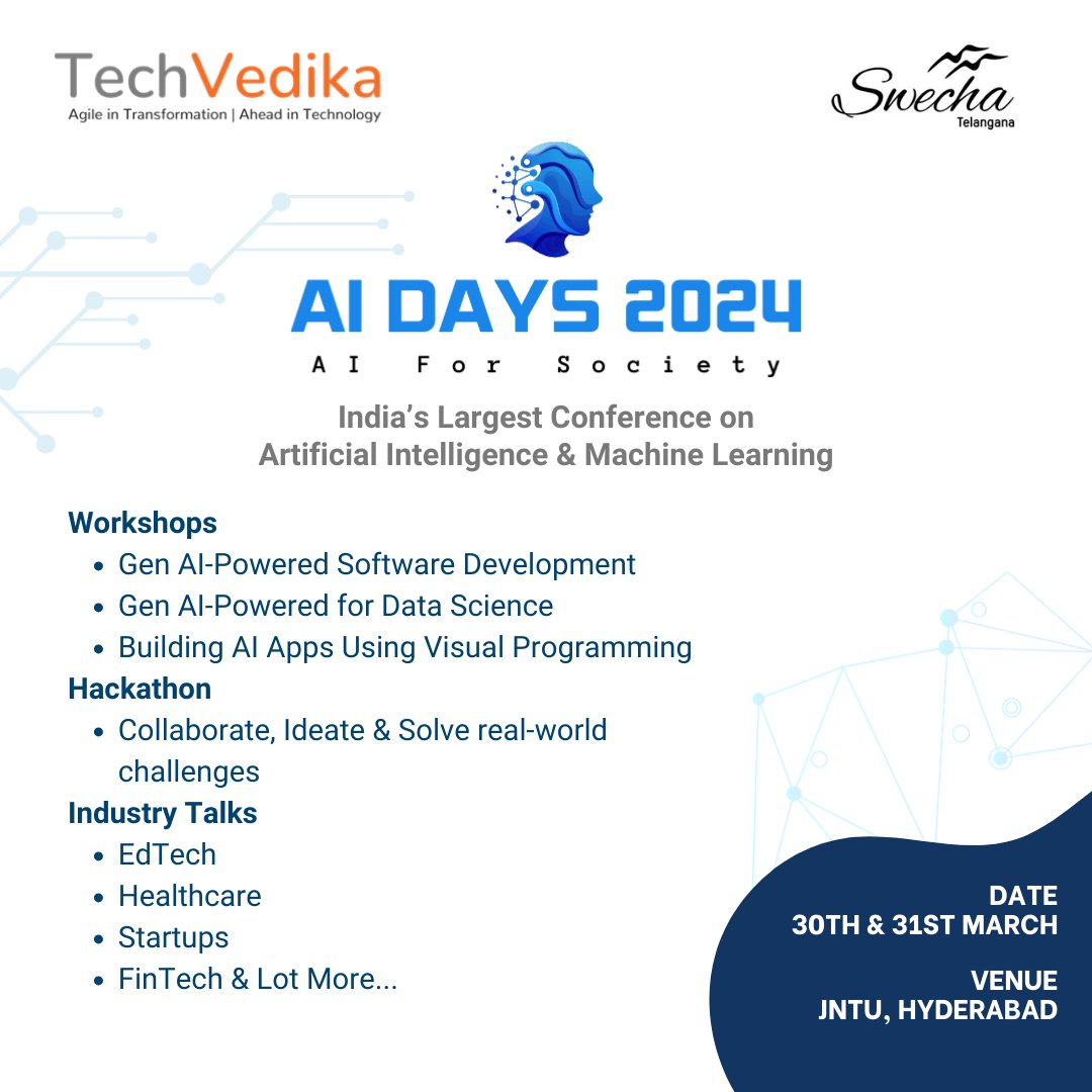 TechVedika's tweet image. 1 day to go #AIDays2024!
India&apos;s Largest Conference on #AI, #ML by @SwechaFSMI 
🎙️ Hear top AI experts discuss the latest AI tech &amp;amp; their impact
📚 Get hands-on with interactive workshops 
💰 Explore AI&apos;s potential to transform industries 
aidays.io
#AI4Society
