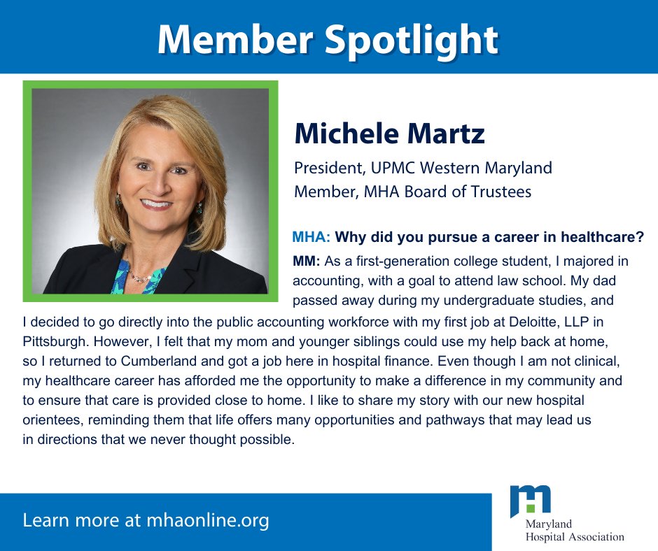 🌟 Member Spotlight: Michele Martz, President of @UPMC Western Maryland and a valued member of the MHA Board of Trustees 🌟 Learn more about Michele's inspiring story 👉 ow.ly/ILqU50R4LfP #Caring4Md #MarylandHospitals