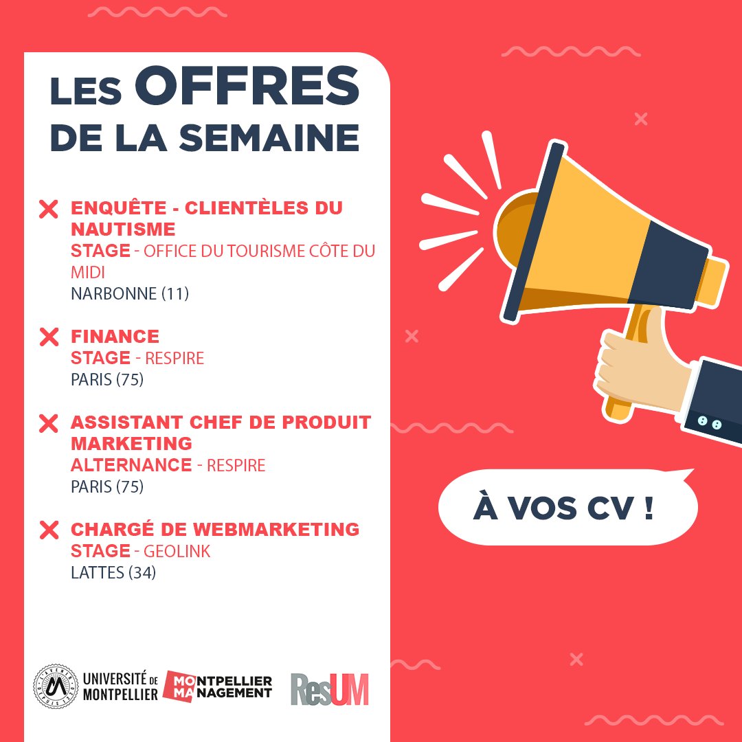 📣 LES OFFRES DE LA SEMAINE ! Elles sont là 😀 Les dernières offres de stage, d'alternance ou de CDI ! Rendez-vous sur le groupe #MtpManagement du #ResUM pour avoir toutes les infos !➡️bit.ly/3ZJxpCt #MtpManagement @umontpellier