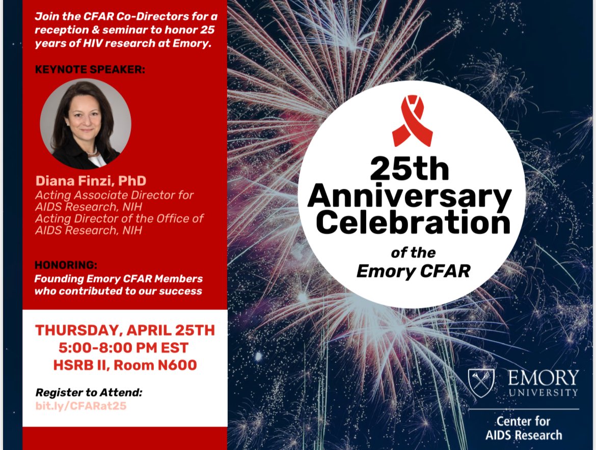 On April 25th the ⁦@EmoryCFAR⁩ will be celebrating our 25th Anniversary. We are delighted that Dr. Fonzi from ⁦@NIH_OAR⁩ will be our keynote speaker.