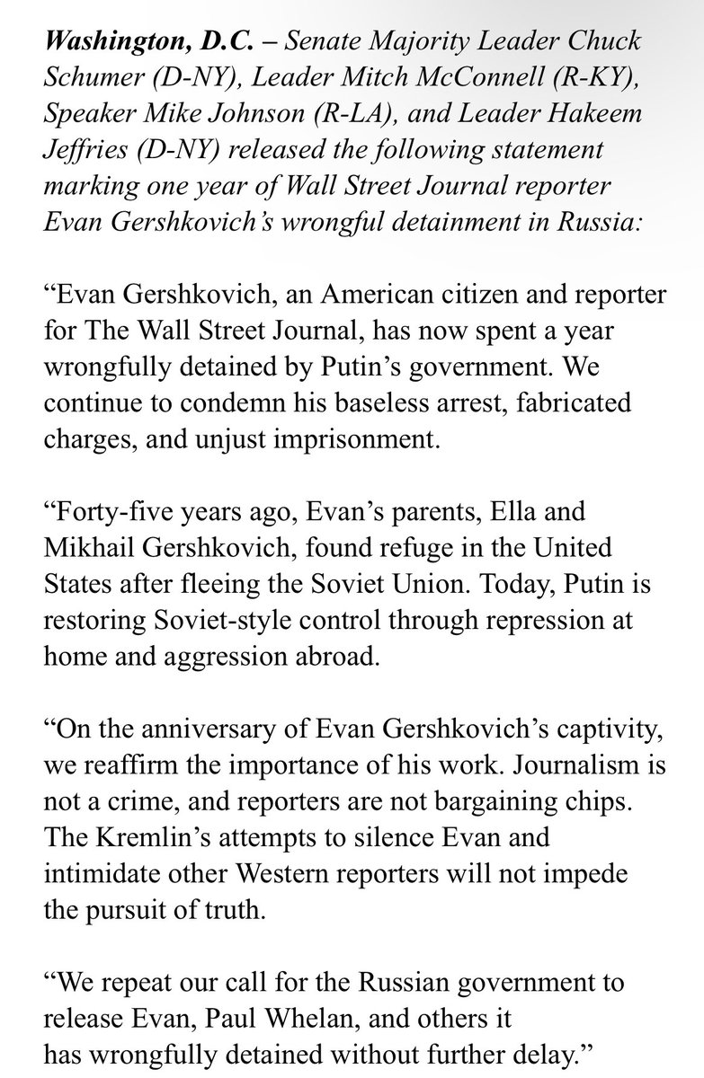 Four top leaders of Congress issue a rare joint statement demanding the release of WSJ reporter Evan Gershkovich on the one-year anniversary of his detainment in Russia
