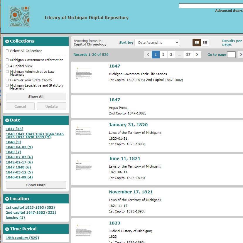 Capitol Education staff are partnering with the #LibraryofMich to bring you the Capitol Chronology! This collection tracks the history of our three Capitols through state reports, newspaper articles, personal stories, and other documents. Explore at bit.ly/MSCchrono