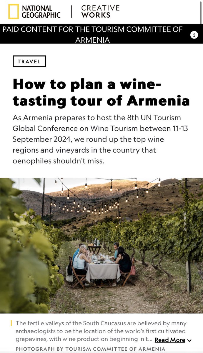 #Armenia prepares to host the 8th UN Tourism Global Conference on #Wine #Tourism between 11-13 September 2024. Top wine regions and vineyards of 🇦🇲 in @NatGeo rb.gy/l5m99t