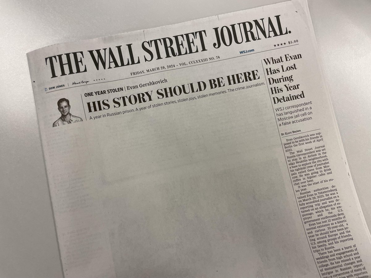 Free Evan! @WSJ reporter Evan Gershkovich has been unjustly detained by Russia for a year now.