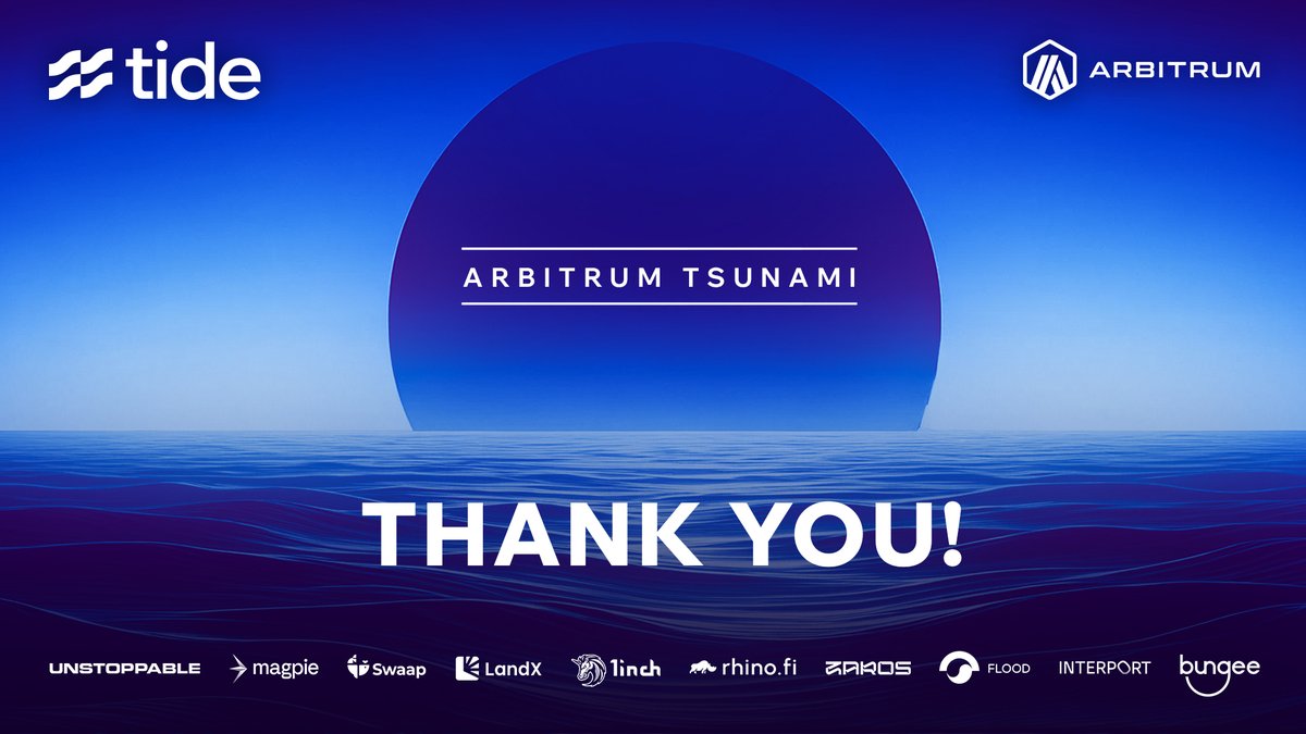 🌊 TIDE ARBITRUM TSUNAMI IS OVER 🌊 Thank you for the amazing participation and welcome to new joiners, our community is growing and new campaigns will be launched! 🎉 THE RAFFLE WINNERS WILL BE ANNOUNCED AT 2PM UTC Finally thank you to all the projects involved! 🙏
