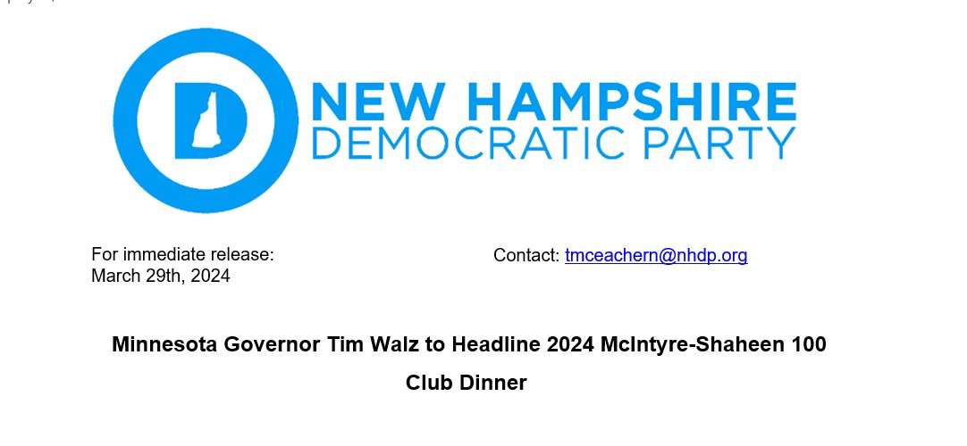 2028 Watch-New: @NHDems announce that two-term Democratic Gov. @Tim_Walz of Minnesota will headline the state party's annual McIntyre-Shaheen 100 Club fundraising gala, on April 12 in Nashua, New Hampshire. #FITN #nhpolitics #stribpol #2028Election #FoxNews
