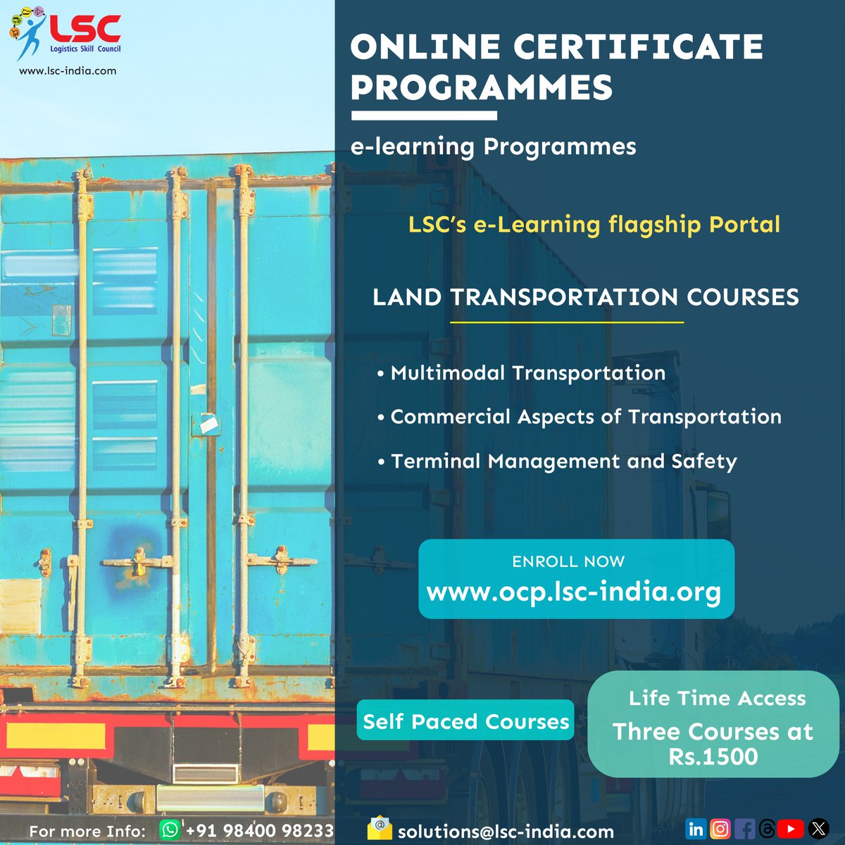 Logistics Sector Skill Council (LSC) of India is offering a new series of online certificate programs in Land Transportation.🚛📈

For more info, visit ocp.lsc-india.org

#lsc #logistics #onlinecertification #ocp #landtransport #elearning #skilling #upskilling #learning