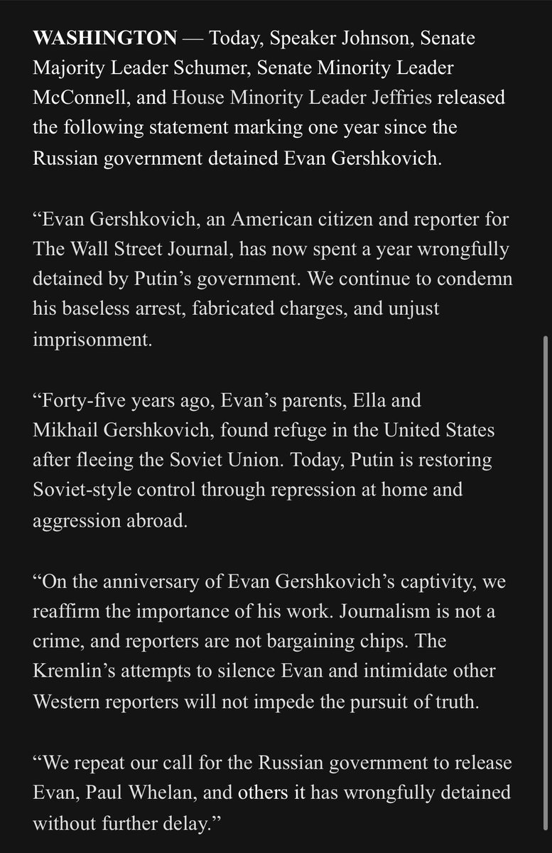 It’s not often the four leaders of Congress put out a joint statement- but they have today, calling for the release of Evan Gershkovich. #FreeEvan #IStandWithEvan