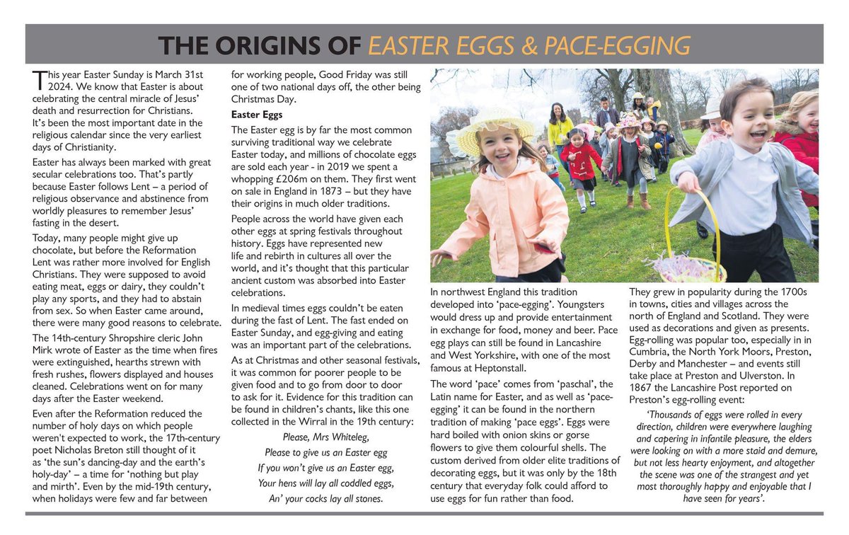 The Origins of Easter Eggs and Pace-egging.
This year Easter Sunday is March 31st 2024. It’s been the most important date in the
religious calendar since the very earliest days of Christianity.
But do you know how Easter eggs came about and what is "pace-egging"?

#Eastereggs