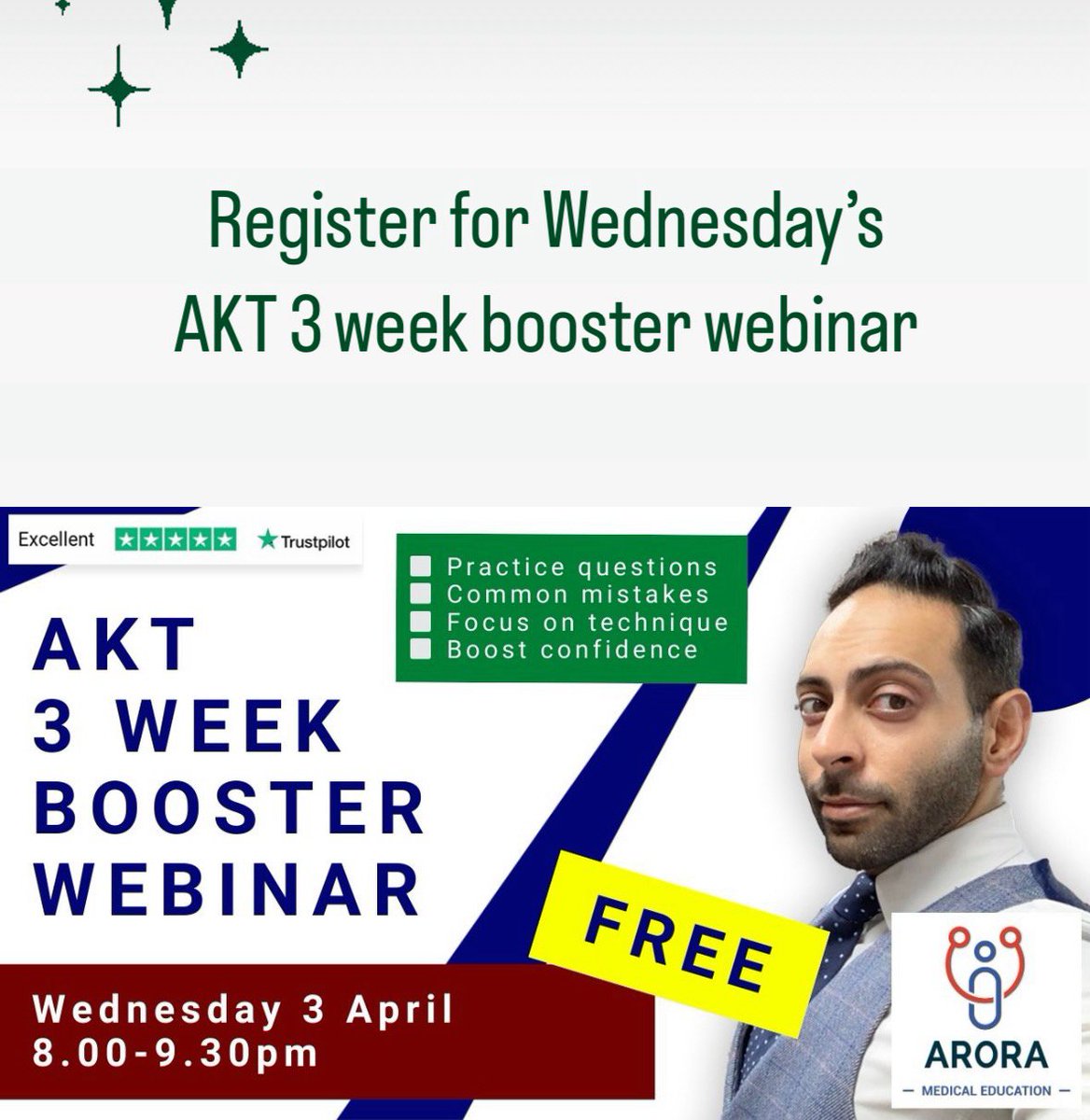 🙋‍♂️🙋‍♀️ If you’re taking the April 2024 AKT Exam then our 3 week Booster webinar is a must! Register here: aroramedicaleducation-co-uk.zoom.us/webinar/regist…

✅ Sample Q&As, technique focus, guideline updates

#CanPassWillPass #GPtrainee #Meded