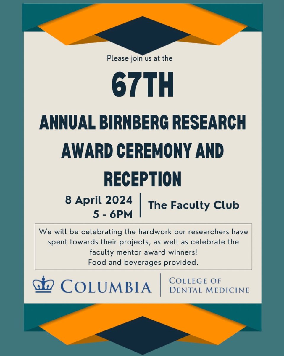 Mark your calendars! Following the 67th Annual Birnberg Research Symposium next Wednesday, April 5, we will be announcing our category winners, Mentor of the Year, and Post-doc of the Year on Monday, April 8th from 5-6PM at the Faculty Club. Food and beverages will be provided.
