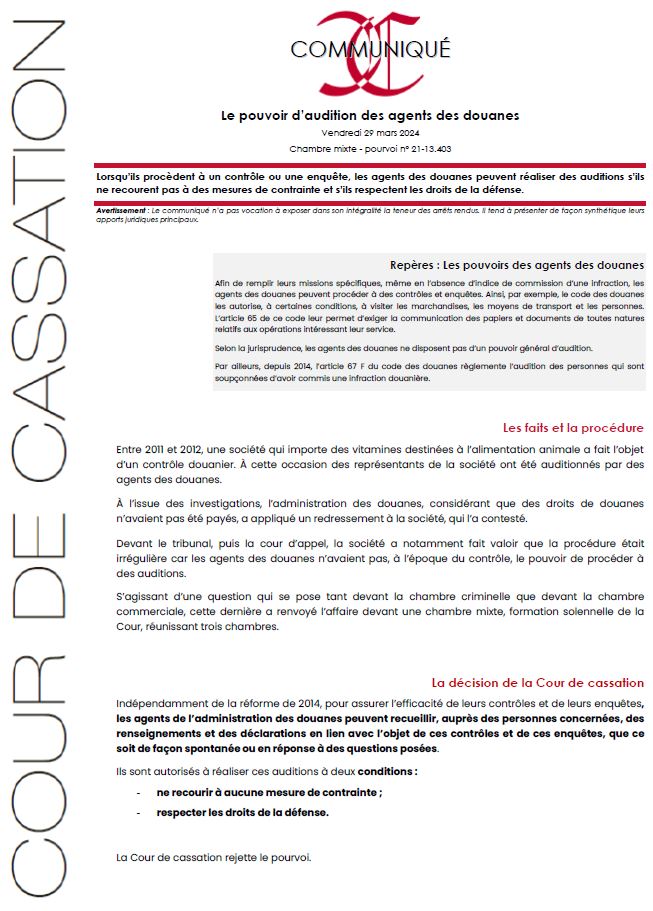 ⚖ [Communiqué] Lorsqu’ils procèdent à un contrôle ou une enquête, les agents des douanes peuvent réaliser des auditions s’ils ne recourent pas à des mesures de contrainte et s’ils respectent les droits de la défense. 👓 Lire le communiqué et la décision > courdecassation.fr/toutes-les-act…