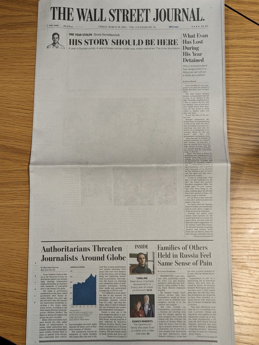 Today's @WSJ front page. Evan should be back home, doing what he loves: writing incisive and smart journalism. #IStandWithEvan