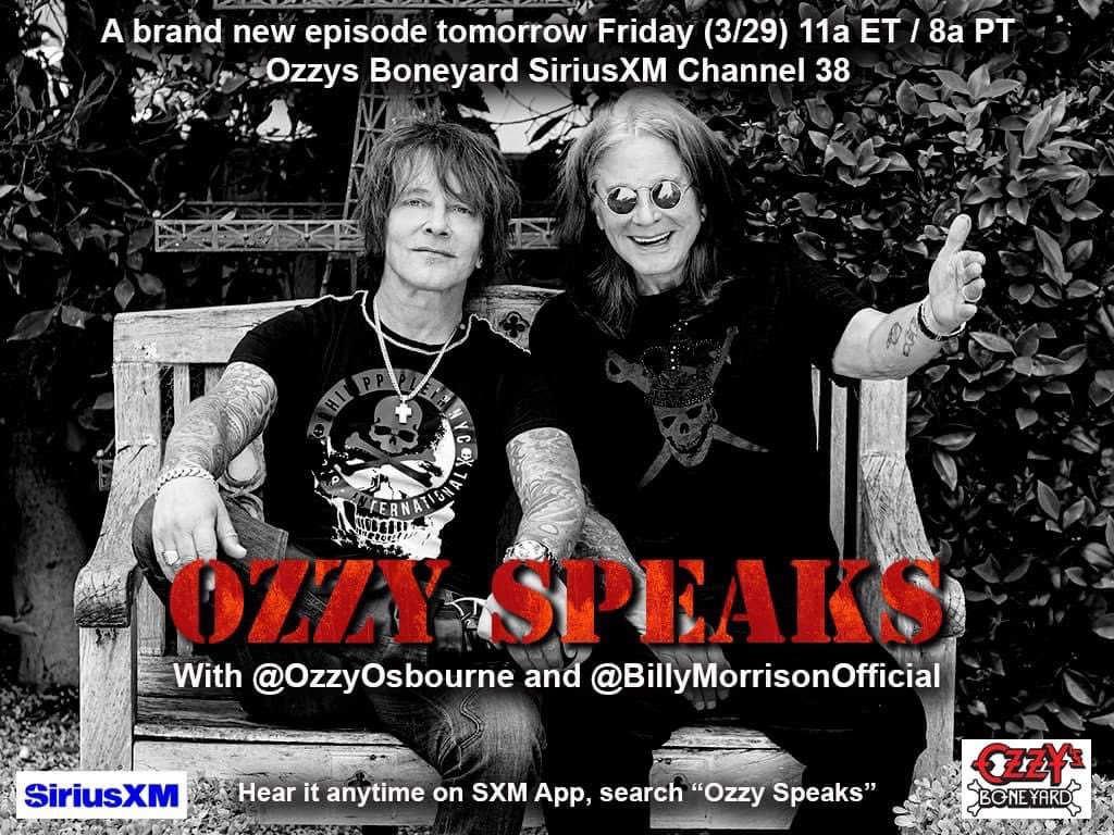 A brand new episode of OZZY SPEAKS on @OzzysBoneyard @SiriusXM Ch. 38 airs TODAY Friday (3/29) 11a ET/8a PT @BillyMorrison and I discuss superstitions, play the new song “Crack Cocaine” as well as music from Queen, Deep Purple, Sex Pistols and more.