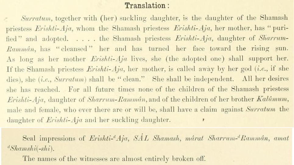 The Babylonian Expedition of the University of Pennsylvania. 
Series A: Cuneiform texts - vol.06 - 96

A Shamash priestess adopts a young woman and her suckling child