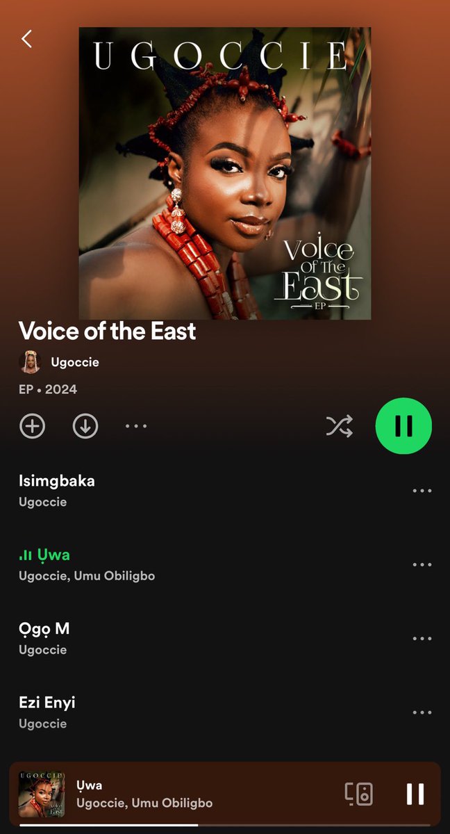 Ugoccie's EP “Voice of the East” is the best project out there now. UWA featuring Umuobiligbo has been my favorite track since its release #VoteEP
