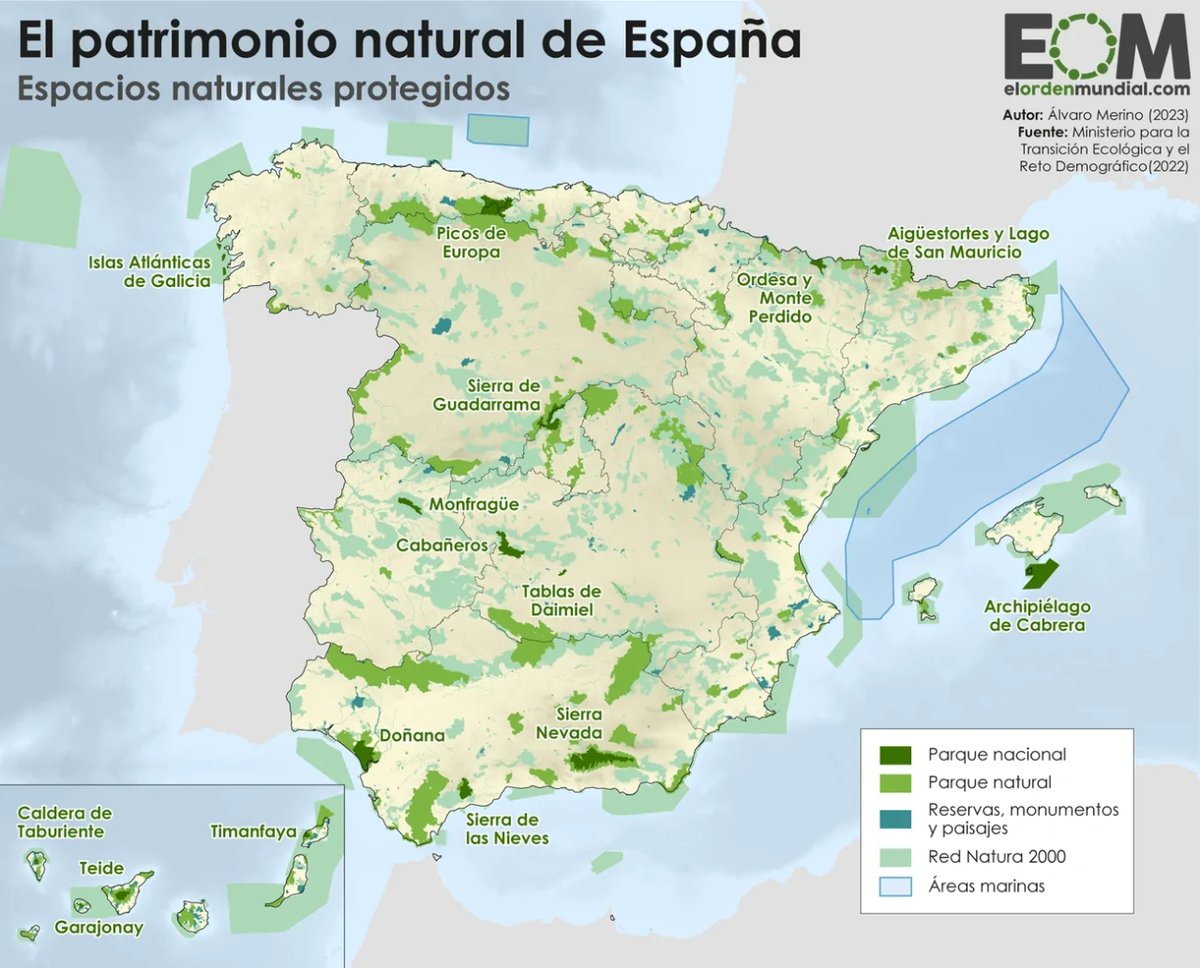 ¿Qué espacios protegidos hay en España? 🇪🇸 👉 El país tiene bajo protección un 15% de su superficie terrestre. 👉 Un 5% de la marina. 👉 E incluye 16 parques nacionales. Así se ve sobre el mapa 👇 elordenmundial.com/mapas-y-grafic…