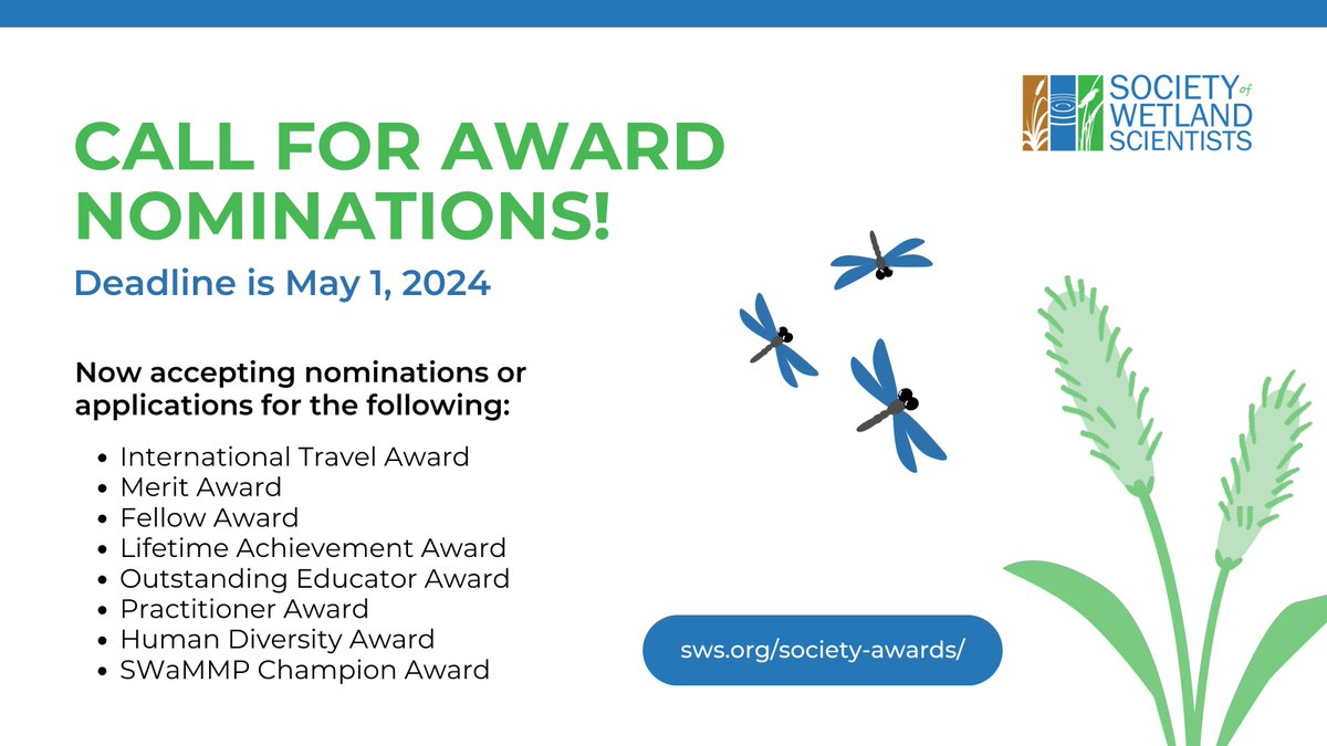 SWS is now accepting award nominations for the 2024 awards season! It’s your chance to shine or to honor someone whose work has made a significant impact in the realm of wetlands science and conservation. Let's celebrate the achievements in our community: sws.org/society-awards/