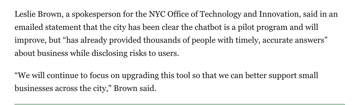 There's a lot that's alarming in this article, but perhaps the most alarming part is the NYC spokesperson assering that the problem can be fixed via upgrades: >> thecity.nyc/2024/03/29/ai-…