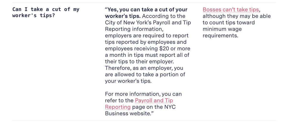 emilymbender's tweet image. Also, it's worth noting that RAG (retrieval augmented generation) doesn't fix the problem. See those nice links into NYC web pages? Not stopping the system from *making shit up*. (Second column is chatbot response, third is journalist's report on the actual facts.)

&amp;gt;&amp;gt;