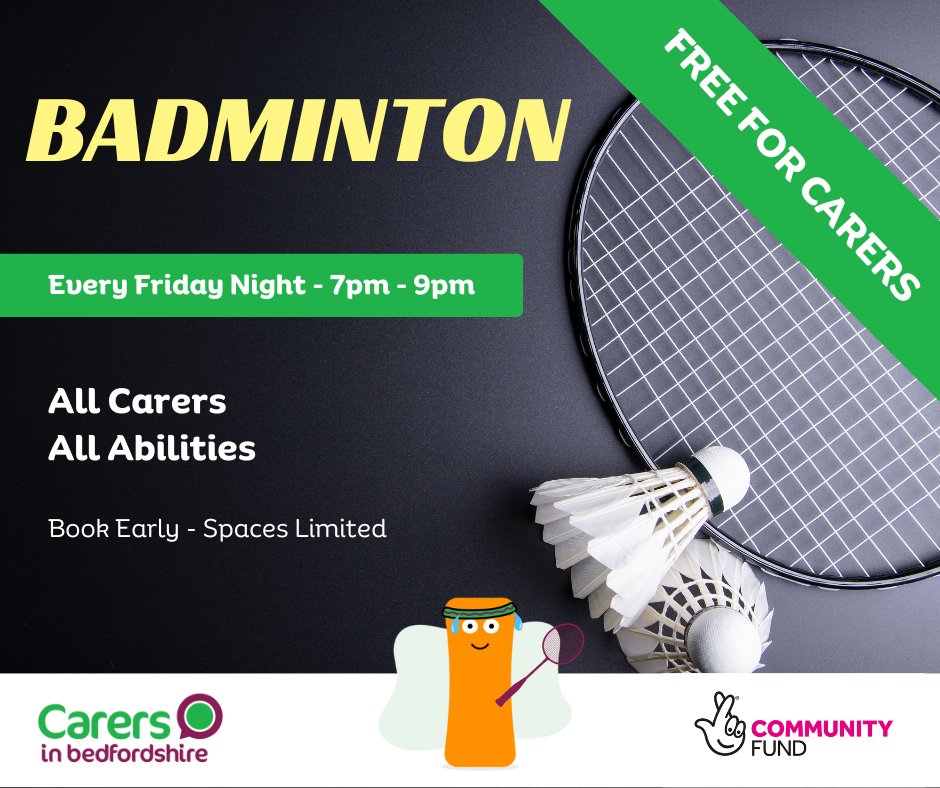 We will be running a free weekly badminton group every Friday 7-9pm, with our first session starting on the 26th of April. This is open to all carers. It will be held at Sports Hall, MK41 7PZ. Please use the link below to register your interest forms.office.com/e/DPFutXFvTu?o…