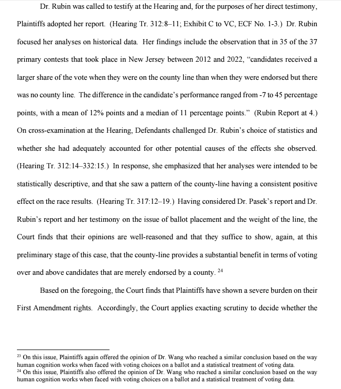 The judge's ruling in the New Jersey ballot design case provides a strong endorsement of the practical value of social science research. Kudos to @JuliaSassRubin @SamWangPhD and Josh Pasek for putting statistical meat on the bones of a thorny political issue.