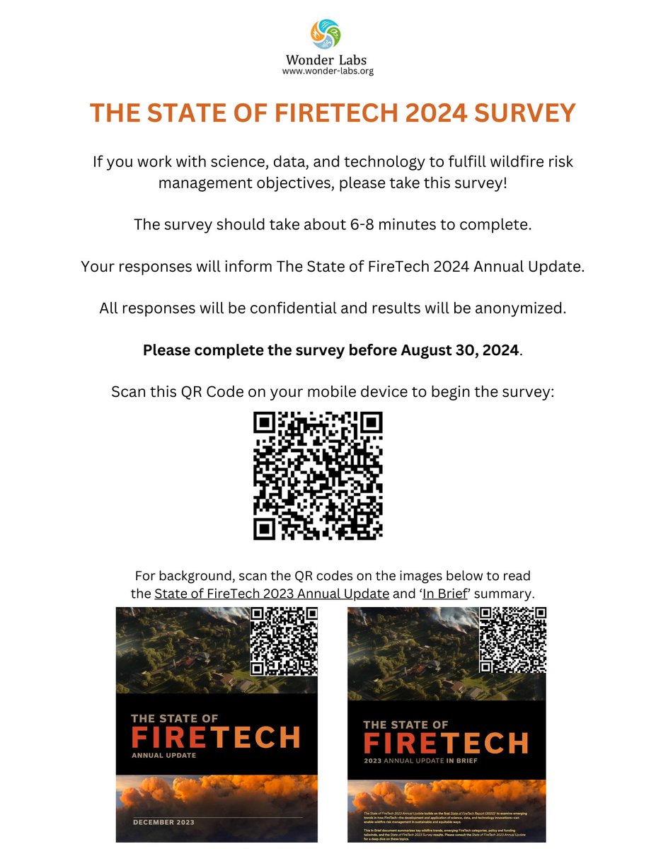 If you apply science, data, and technology in any way to fulfill #wildfire risk management objectives, please take this survey! surveymonkey.com/r/firetech2024 The survey should take about 6-8 minutes to complete. Your responses will inform the State of FireTech 2024 Annual Update.