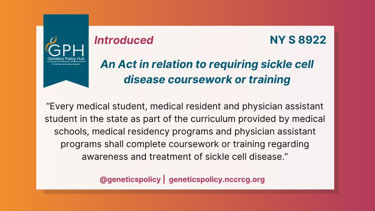 A bill introduced by the #NY Senate on March 28, 2024, would require #SickleCell disease coursework or training for every medical student, medical resident and physician assistant student in the state. Learn more at: bit.ly/4aAntPW