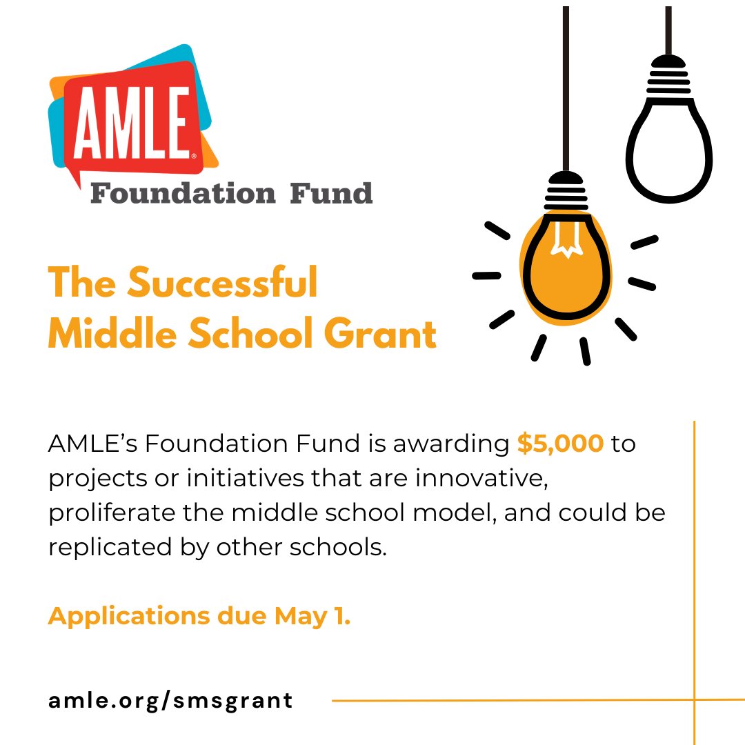 🚀 AMLE Members, ignite innovation in middle education! The AMLE Foundation Fund offers grants for creative projects addressing young adolescents' developmental and academic needs. Got an idea? We're eager to support your vision! okt.to/waGhs6