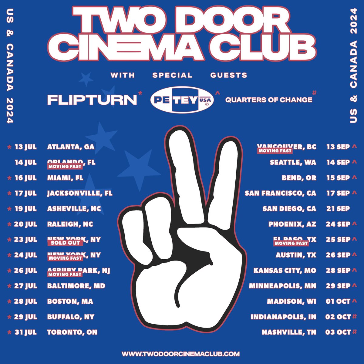 Orlando, NYC, Ashbury Park, Vancouver & El Paso!! You’re moving fast! If you haven’t got your tickets yet you’ll need to be quick before they’re gone!! 💚✌️twodoorcinemaclub.com