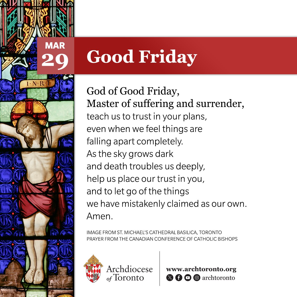 God of Good Friday, Master of suffering and surrender, teach us to trust in your plans. As the sky grows dark and death troubles us deeply, help us place our trust in you, and to let go of the things we have mistakenly claimed as our own. Amen. @CCCB_CECC #catholicTO