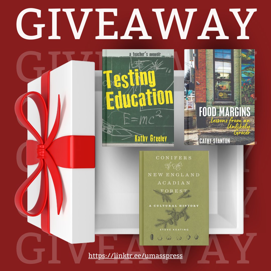 We're doing a giveaway! Visit linktr.ee/umasspress and enter in a chance to win Kathy Greeley's Testing Education, Cathy Stanton's Food Margins, or Steve Keating's Conifers of the New England Acadia Forest on Goodreads. Happy Reading! #umasspress #giveaway #goodreads
