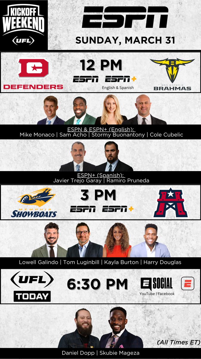 🏈 #UFL2024 Kickoff Weekend! 🏈 UFL on ESPN action begins Sunday with an afternoon doubleheader Followed by the debut of 'UFL Today,' ESPN's digital post-game show on YouTube, Facebook & the ESPN App