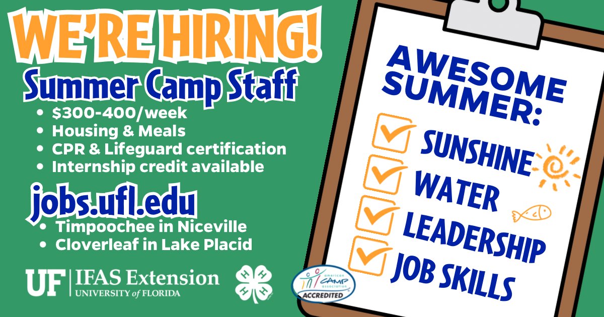 Attention all youth adventurers - near and far! Join #Florida4H this summer for an unforgettable camp experience! 🤑 Earn up to $400/week 🏠 Housing and meals included 🏊 CPR & Lifeguard certs 🎓 Internship Credits 🔗: jobs.ufl.edu @UF_IFAS @uflorida #FL4HCamps