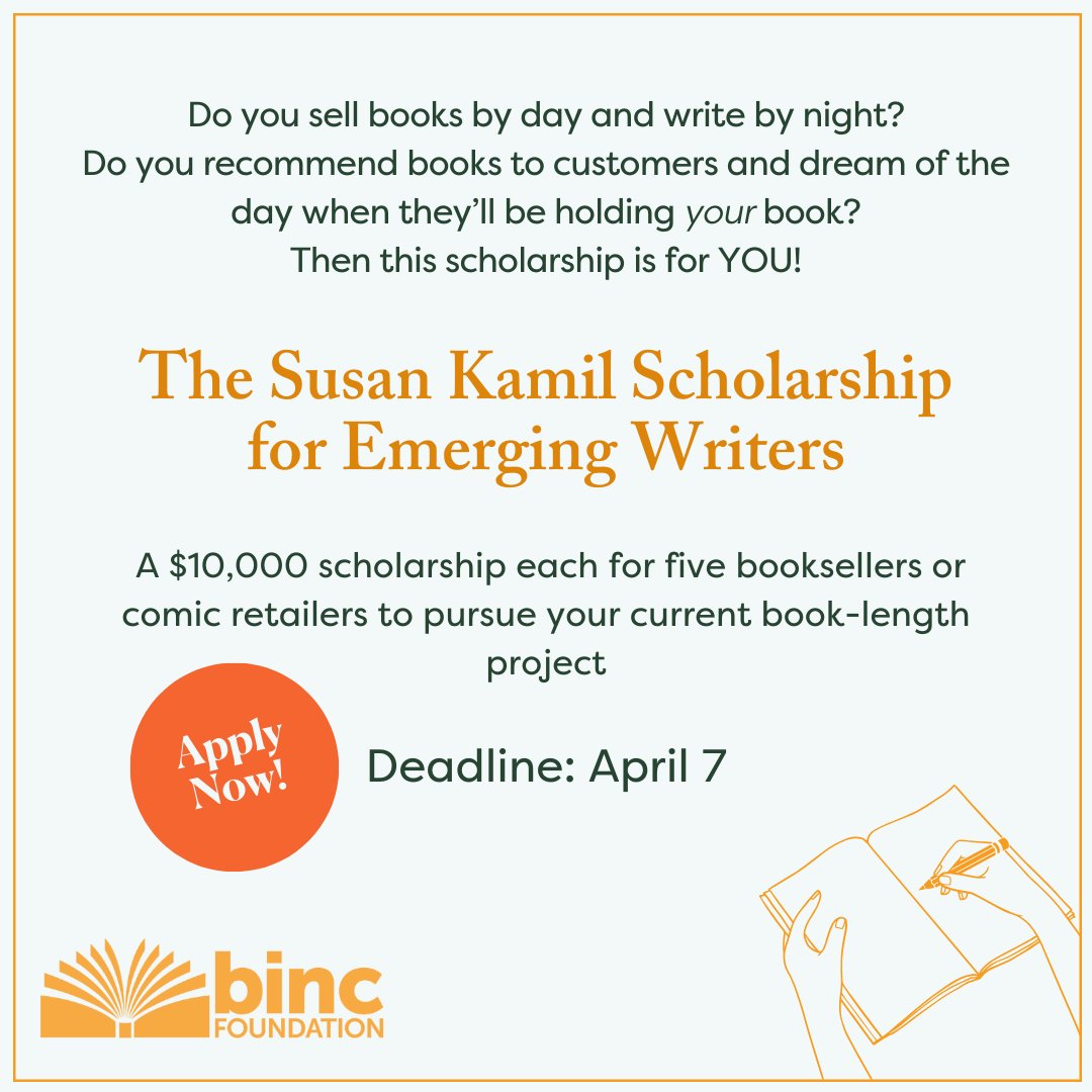 The @BincFoundation is administering a new $10,000 scholarship honoring Susan Kamil that will be given to five booksellers or comic retailers, providing aspiring writer-booksellers the financial support to focus on a full-length manuscript. Learn about eligibility and apply by…